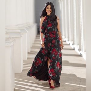 Lovers And Friends Golden Ray Rose-Print Black and Red Maxi Dress, size XS